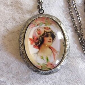 Victorian Lady Locket Necklace Glass Cameo Photo